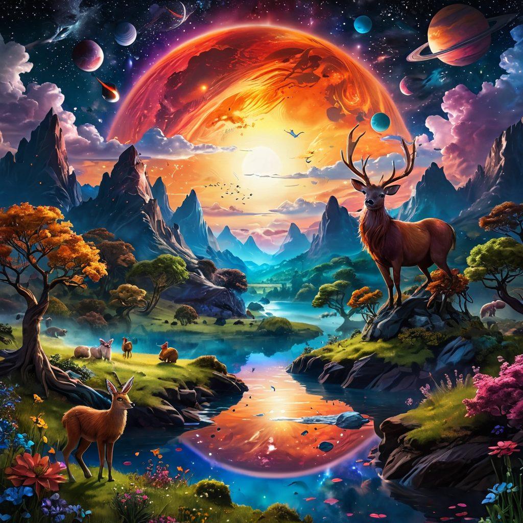 A whimsical illustration of mythical landscapes filled with vibrant colors, featuring a large, colorful planet representing Nibiru in the sky. Include joyful mythical creatures playing among the cosmic scenery, surrounded by twinkling stars and ethereal clouds. Emphasize themes of happiness and exploration with playful expressions on the creatures' faces. The foreground has a gentle stream reflecting the cosmic light. 3D. vibrant colors. fantasy art.