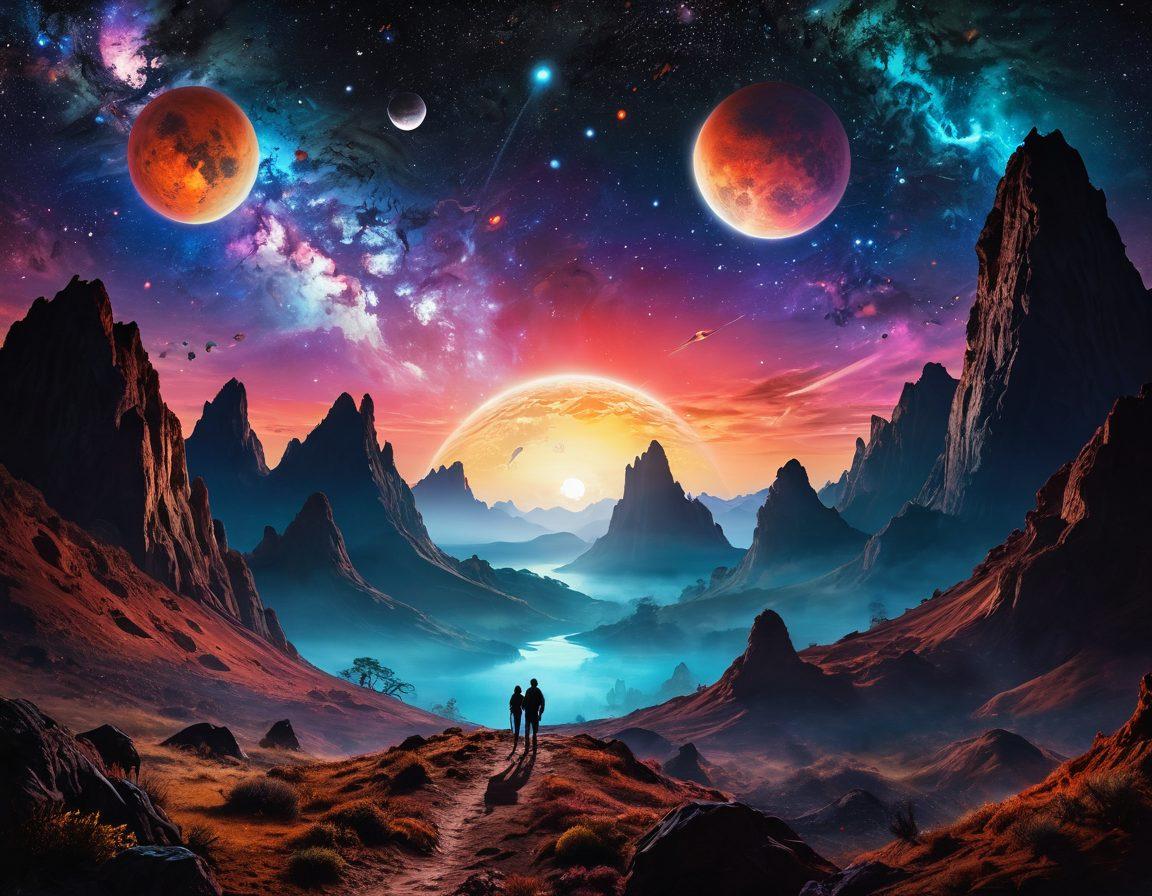 A whimsical cosmic landscape featuring a vibrant Nibiru planet, floating joyfully among colorful celestial bodies like stars and galaxies. Ethereal lights and mystical symbols representing Nibiru myths scatter throughout the scene, creating a sense of wonder and bliss in the universe. The foreground showcases playful silhouettes of people gazing up in awe. surrealist. vibrant colors. dreamy atmosphere.