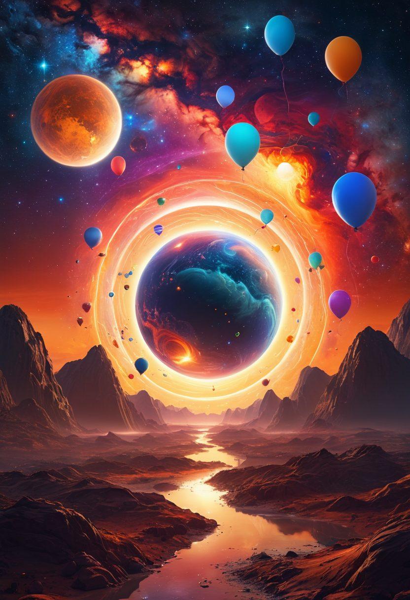 A vibrant cosmic landscape depicting Nibiru as a radiant celestial body surrounded by swirling colorful stardust and cheerful planets with smiling faces. Include elements that symbolize happiness, like bright suns and floating balloons, while showcasing an ethereal journey through the universe. The scene should evoke feelings of joy and wonder, with a whimsical touch. super-realistic. vibrant colors. 3D.